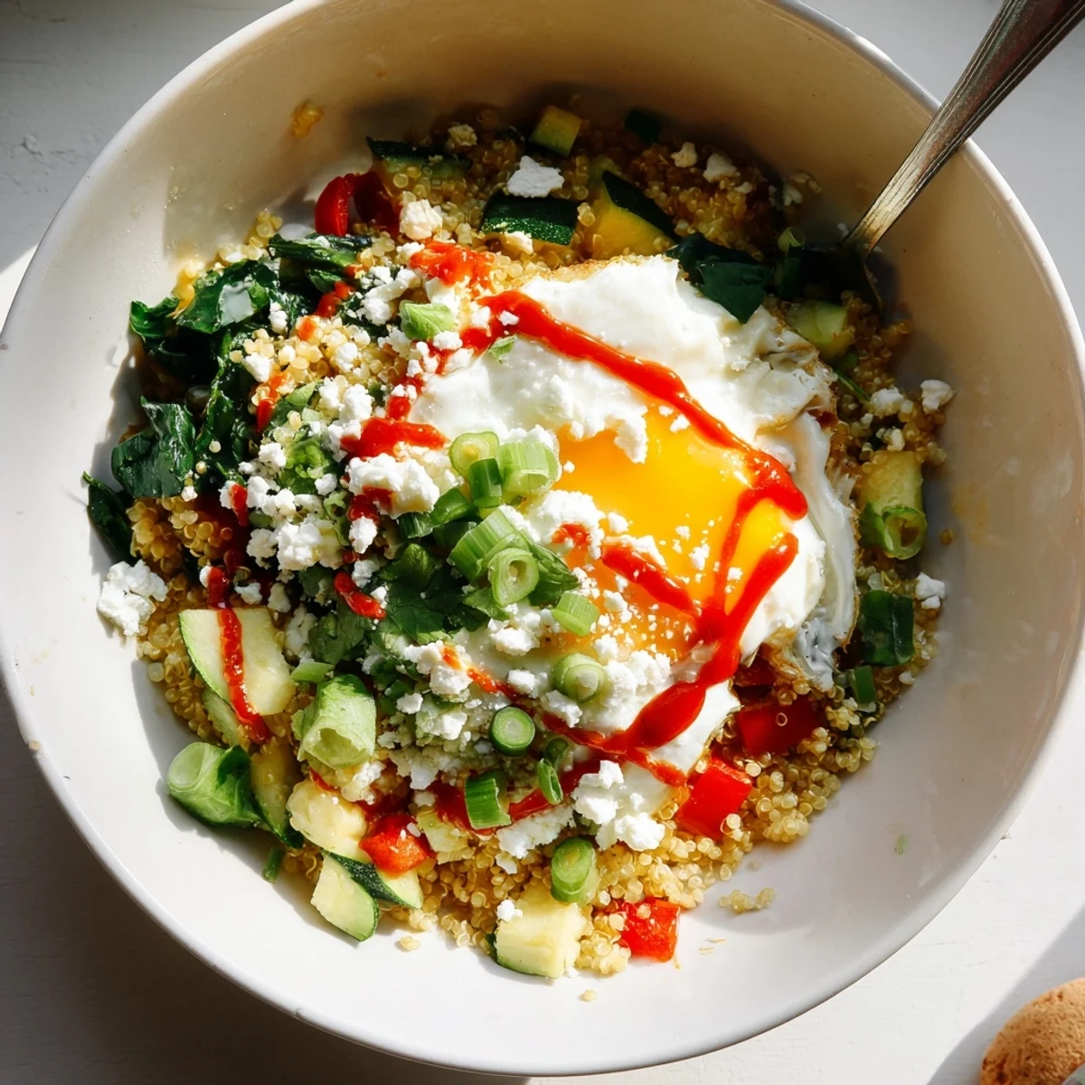 Colorful savory quinoa breakfast bowl with wilted spinach, diced peppers, and crumbled feta