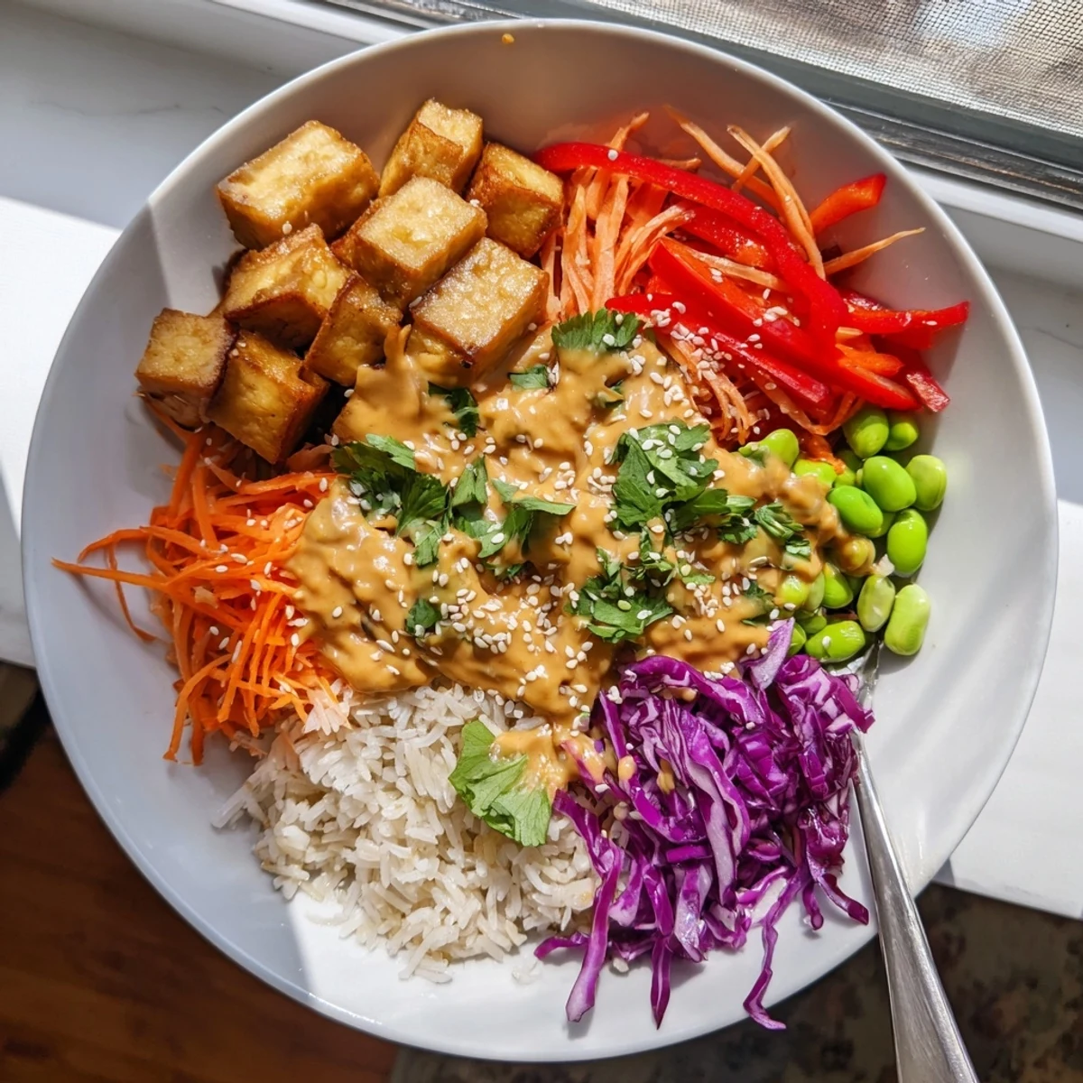 Crispy golden tofu rests on fluffy rice in this vibrant tofu rice bowl with peanut sauce.
