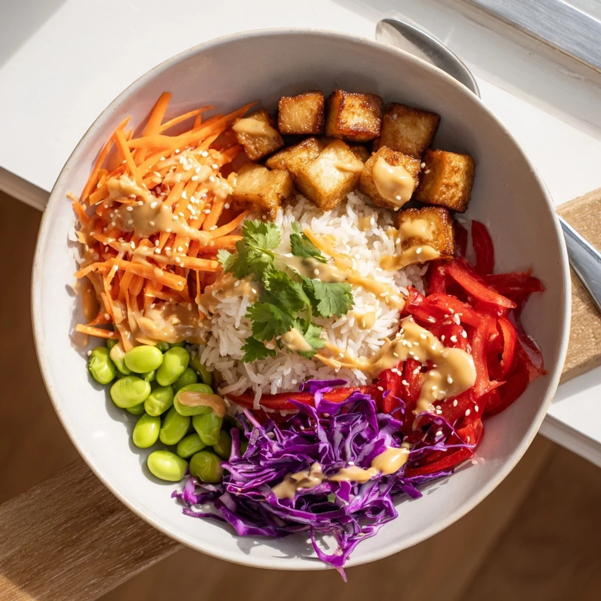 Tofu rice bowl with peanut sauce topped with colorful vegetables and a creamy drizzle.