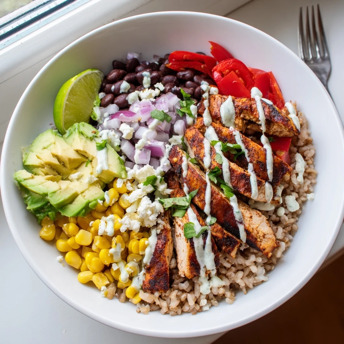 A vibrant Mexican Chicken Grain Bowl topped with fresh avocado, black beans, and zesty lime crema.