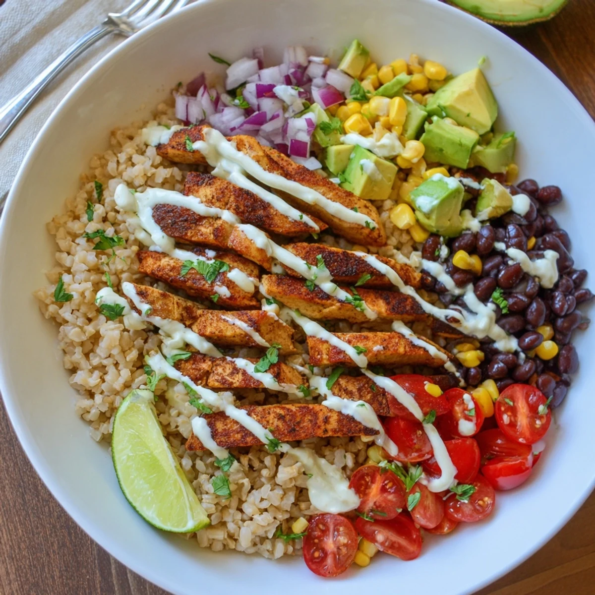 A hearty Mexican Chicken Grain Bowl drizzled with creamy lime sauce and scattered with fresh cilantro.