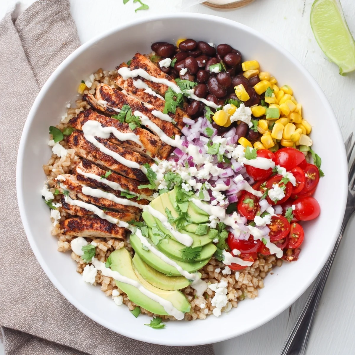 Colorful Mexican Chicken Grain Bowl featuring spiced sliced chicken, roasted corn, and crumbled cotija cheese.