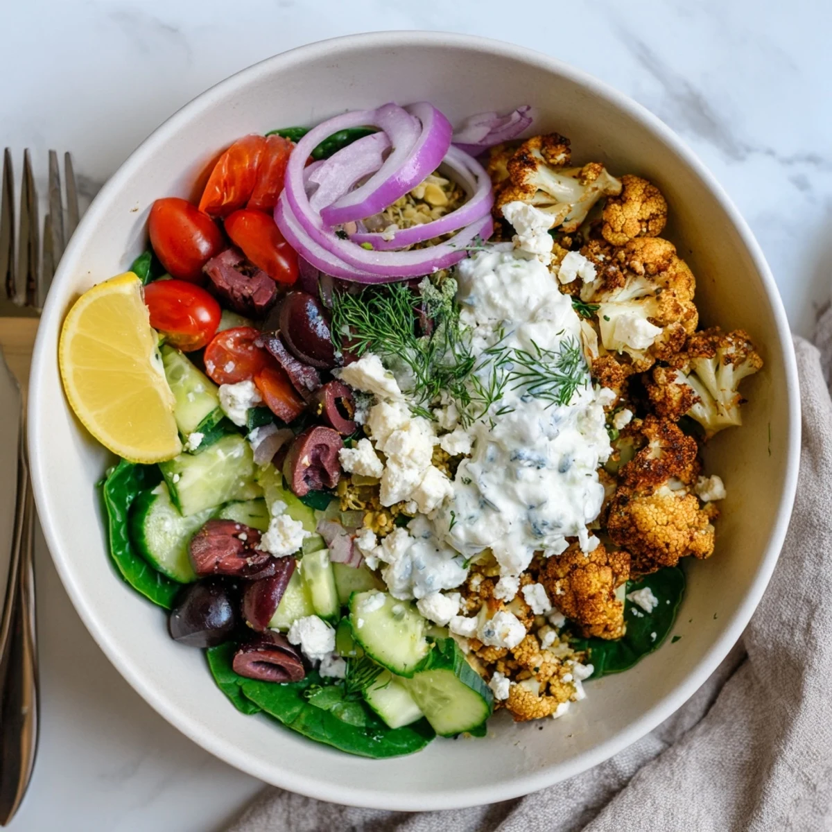 Golden roasted Greek cauliflower bowl with feta, olives, and cool tzatziki drizzle