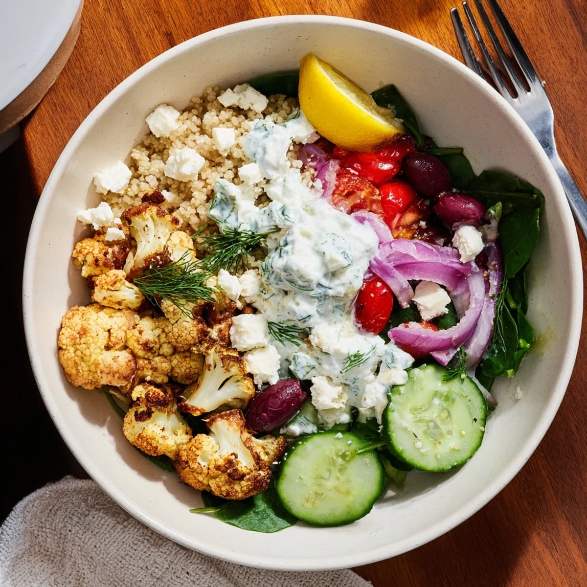 Vibrant Greek cauliflower bowl served over fresh spinach with tangy feta crumbles