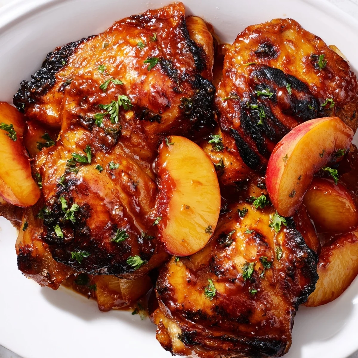 Golden roasted peach BBQ chicken bake with caramelized peach slices and fresh cilantro garnish