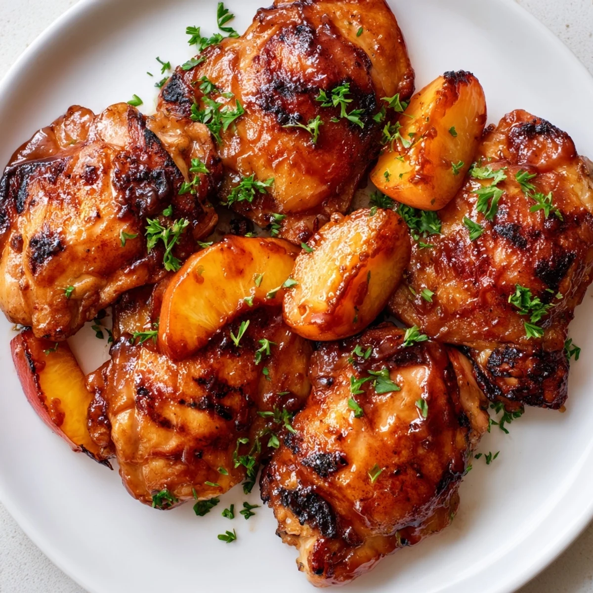 Tender chicken thighs glazed in smoky sweet peach BBQ sauce fresh from the oven