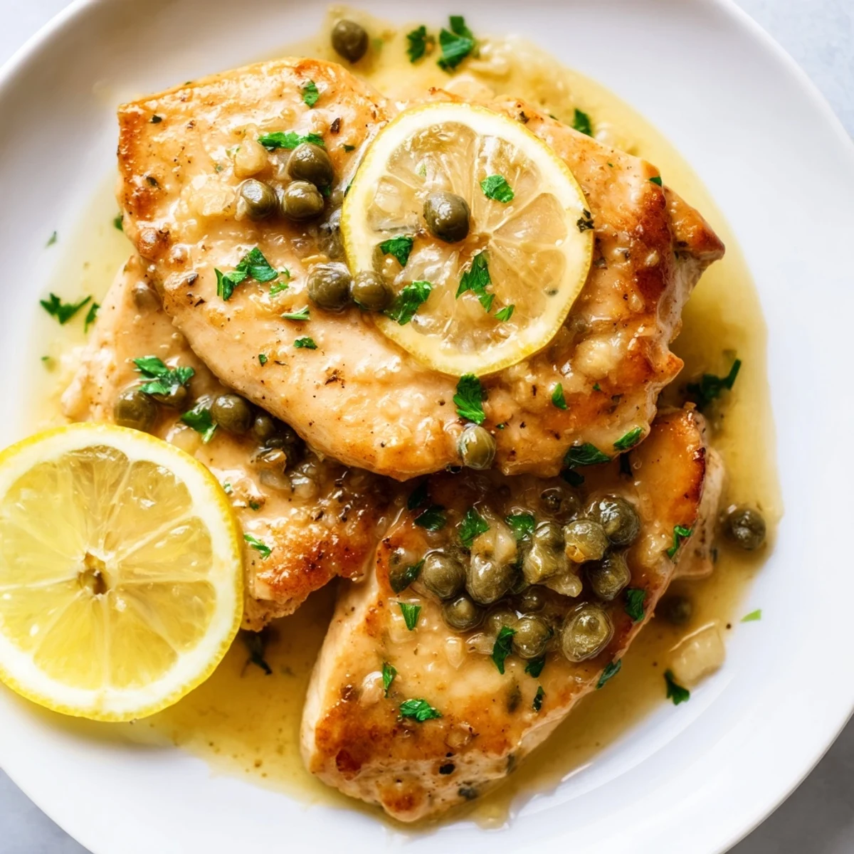 Tender Crock Pot Lemony Chicken Piccata draped in a bright, buttery caper sauce.