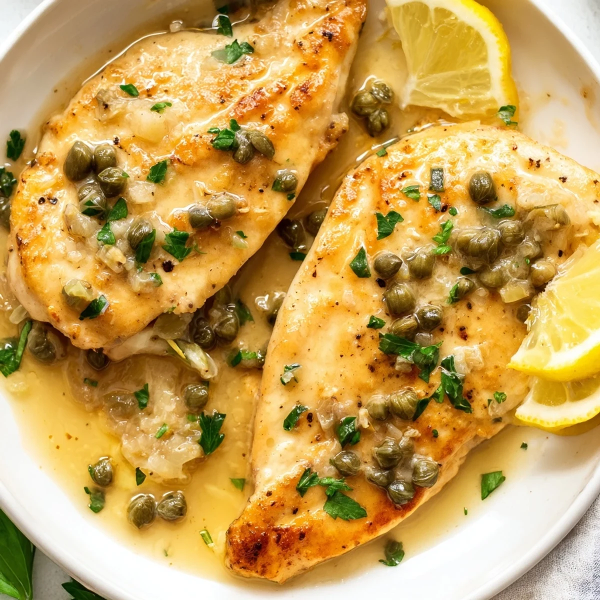 Juicy Crock Pot Lemony Chicken Piccata garnished with fresh parsley and golden lemon slices.
