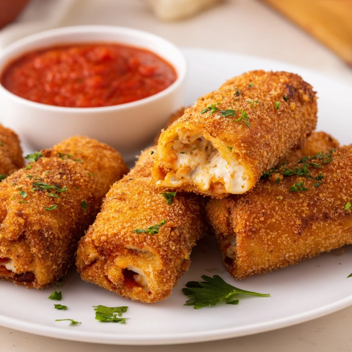 Crispy air fryer lasagna fritta with golden breadcrumb coating and marinara