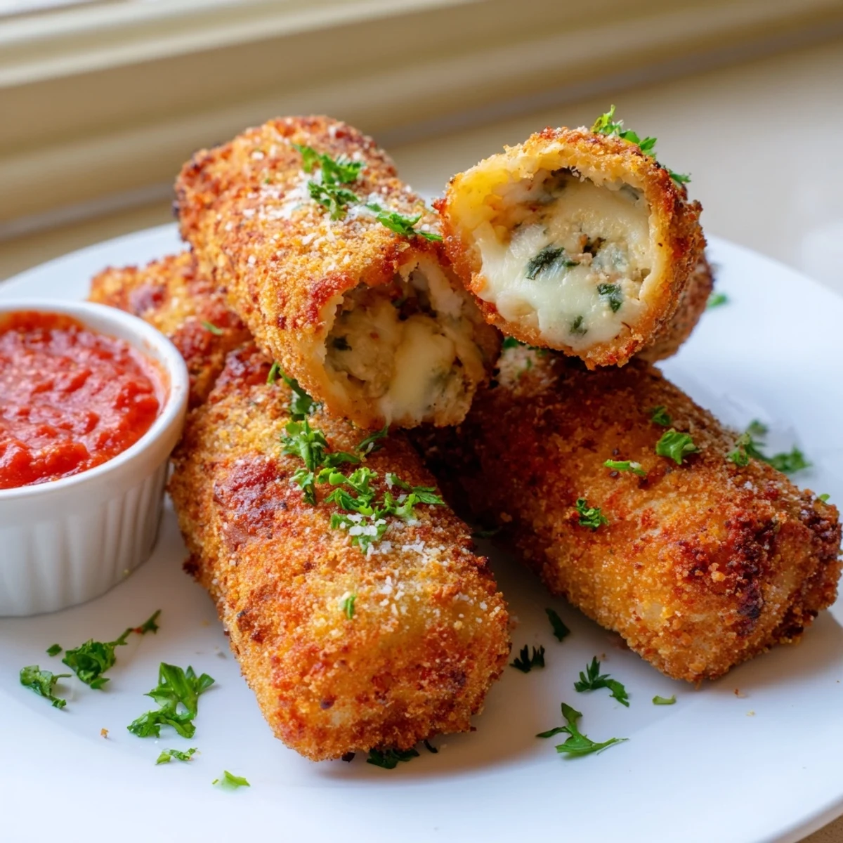 Crunchy air fryer lasagna fritta rolls arranged on a plate with parsley garnish