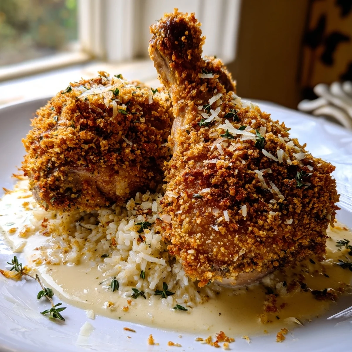 Crispy golden herb crusted chicken thighs in creamy garlic sauce over rice