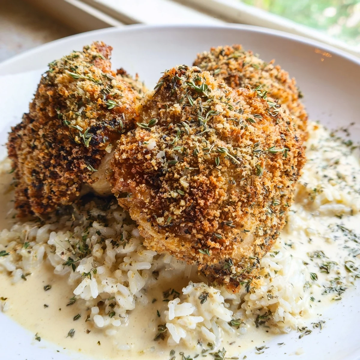 Juicy herb crusted chicken thighs smothered in rich creamy garlic sauce with rice