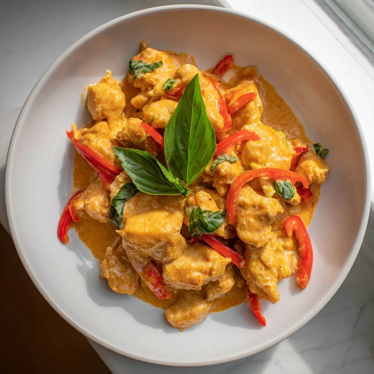 Tender basil chicken in golden coconut curry sauce topped with fresh herbs