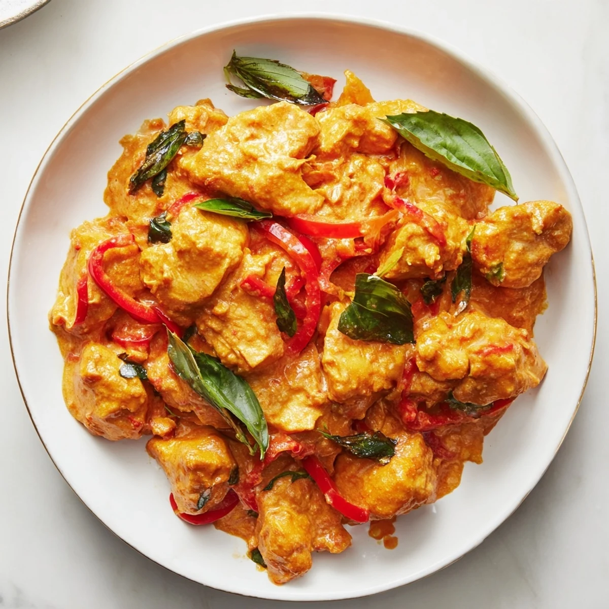 Steaming bowl of basil chicken with coconut curry sauce served over jasmine rice