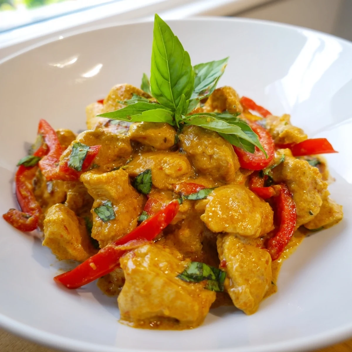 Creamy coconut curry sauce coats juicy basil chicken pieces on a white plate