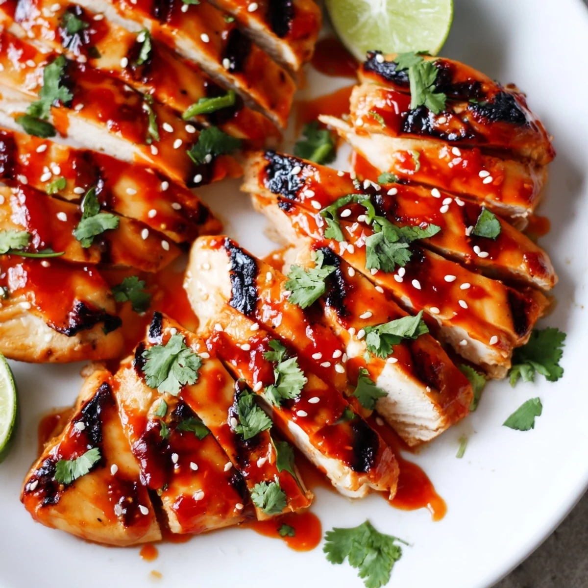 Sweet Chili Grilled Chicken glistening with sticky glaze, garnished with sesame seeds and fresh cilantro