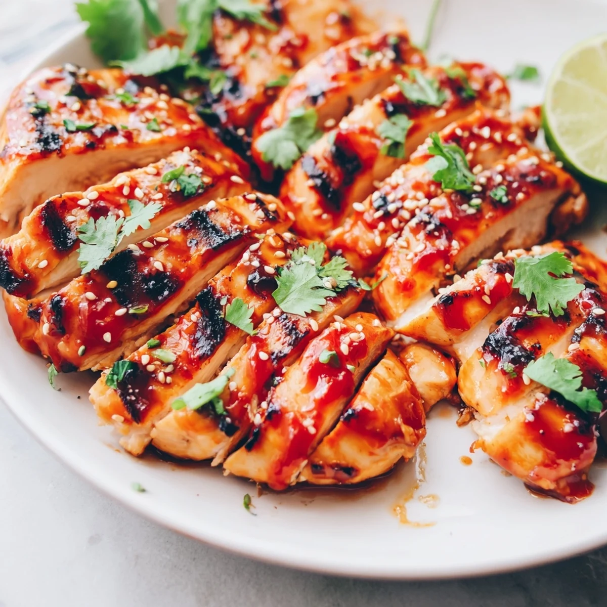 Juicy Sweet Chili Grilled Chicken sliced on a plate beside steamed jasmine rice and lime wedges