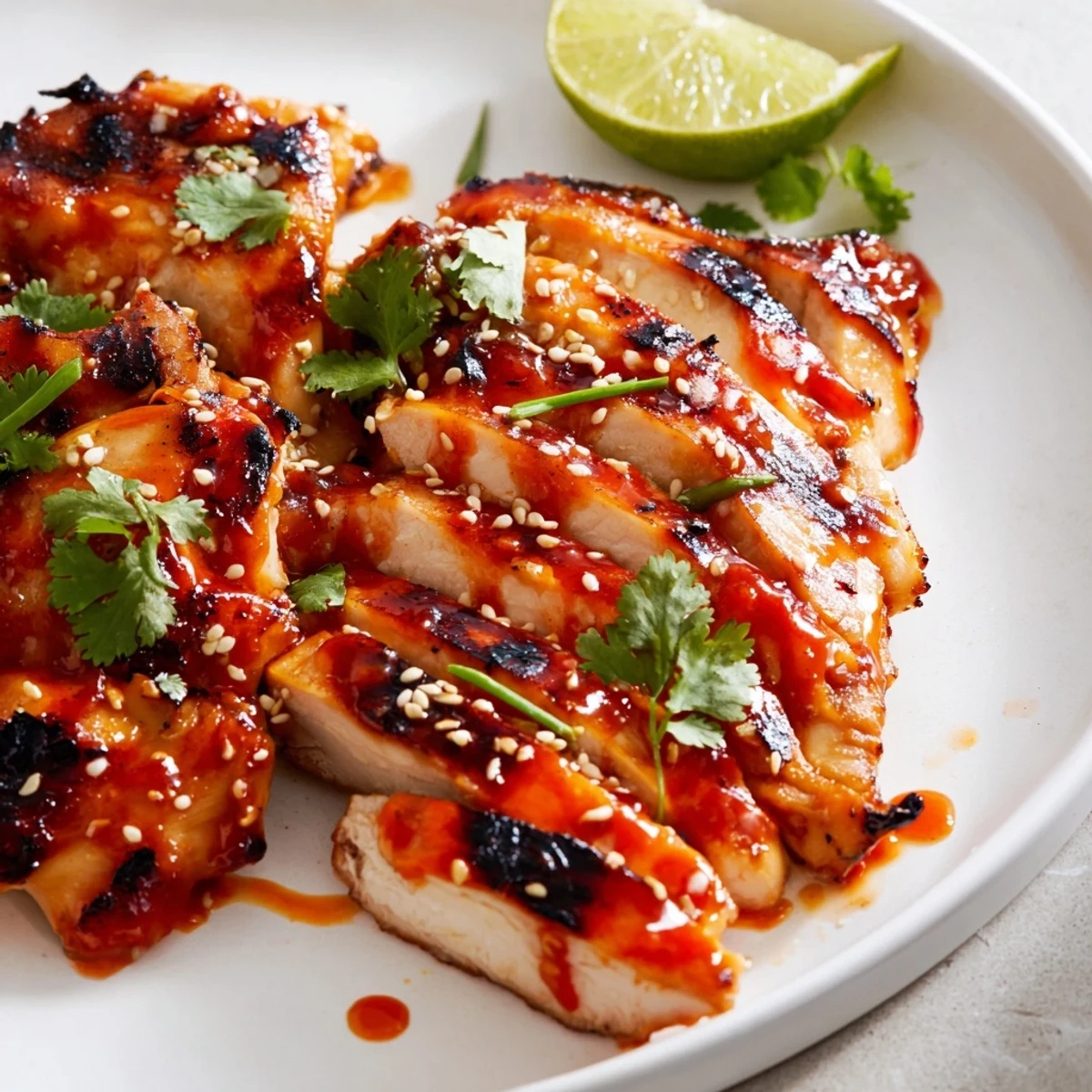 Charred Sweet Chili Grilled Chicken basted with tangy honey-chili sauce resting on a wooden cutting board