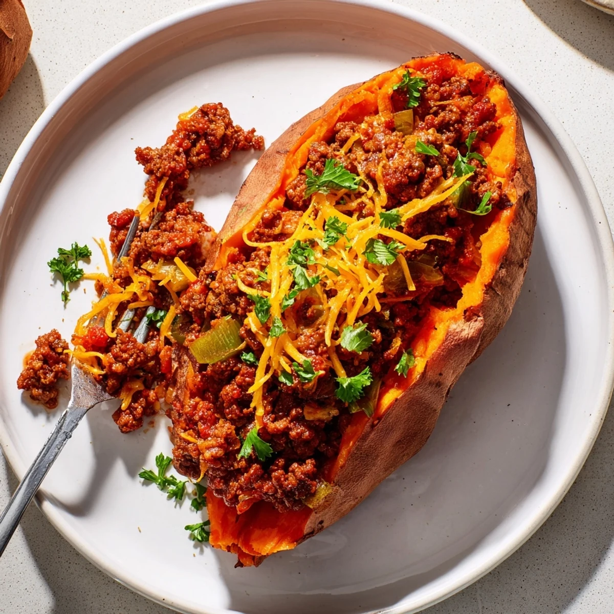 Hearty Sloppy Joe Sweet Potatoes with savory beef filling spilling over tender roasted halves