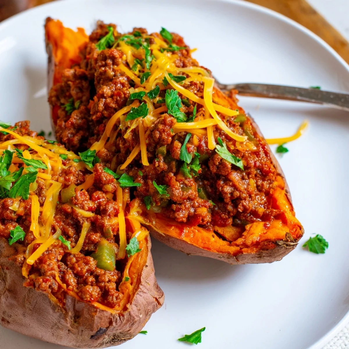 Sloppy Joe Sweet Potatoes topped with melted cheddar and fresh parsley on a rustic plate