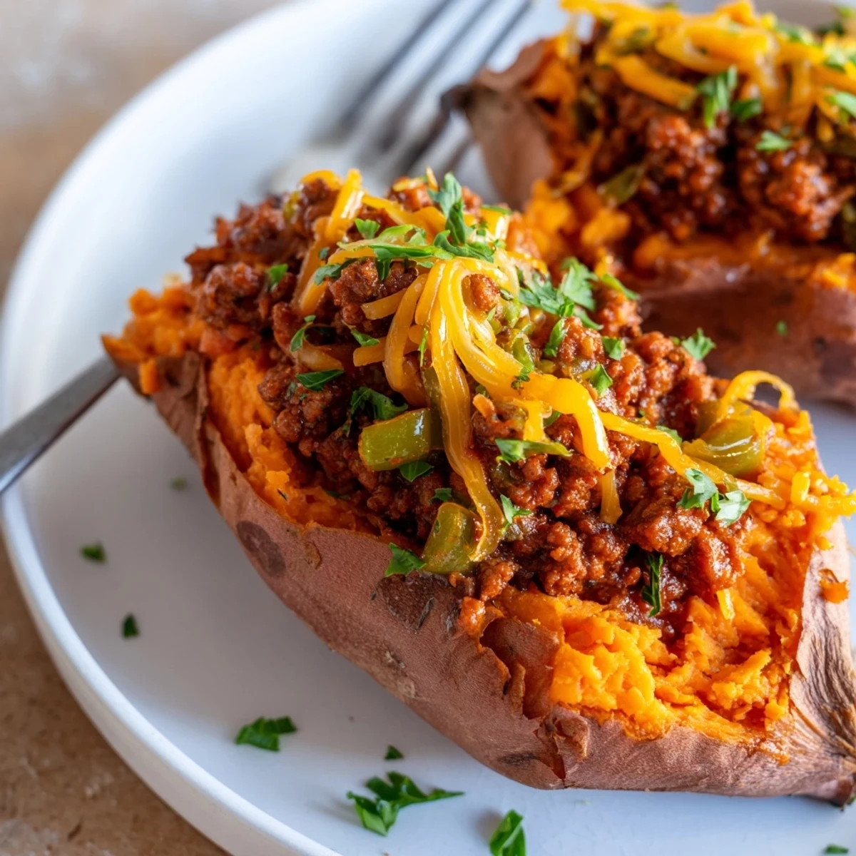 Steaming Sloppy Joe Sweet Potatoes split open and loaded with thick, smoky seasoned ground beef