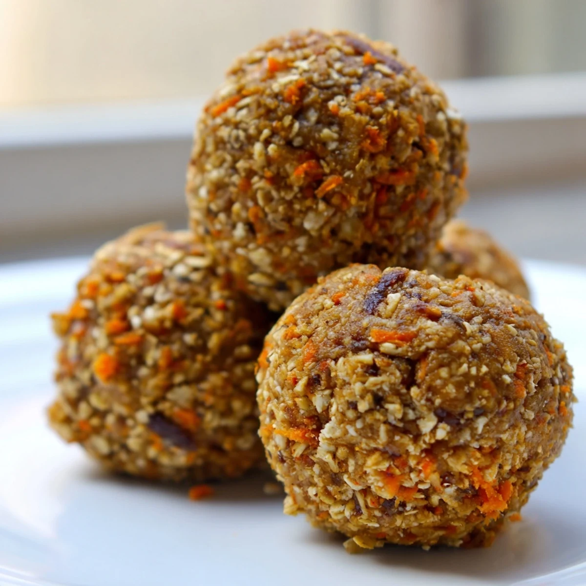 Carrot Cake Energy Balls coated in shredded coconut on a rustic wooden serving board