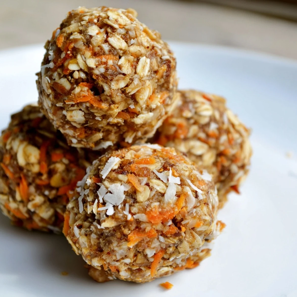 Platter of chewy Carrot Cake Energy Balls dusted with coconut beside a steaming mug