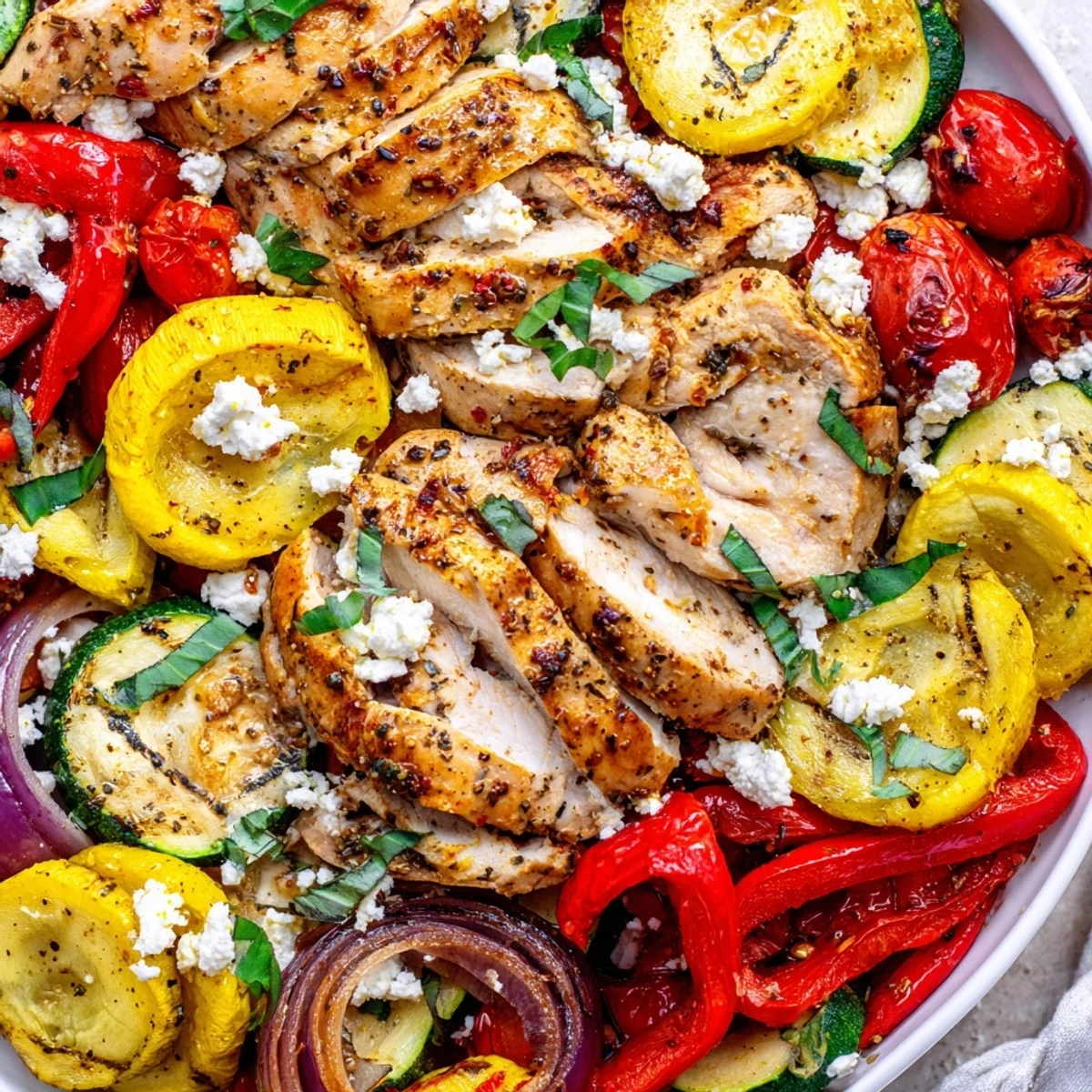 Golden summer chicken bake with roasted peppers, tomatoes, and crumbled feta cheese