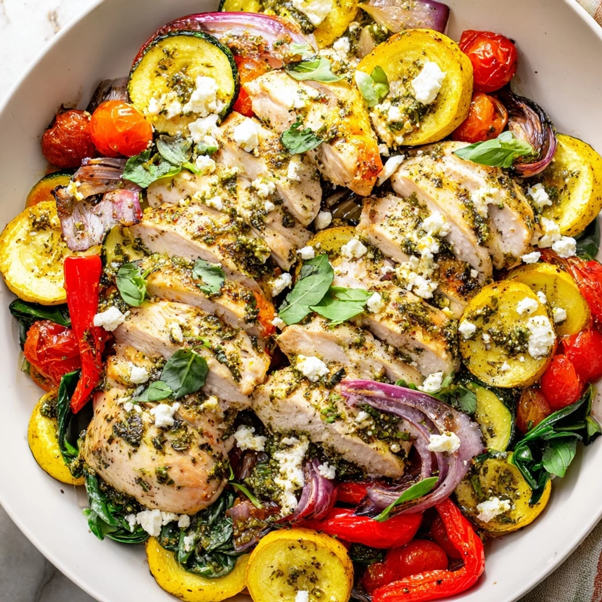 Juicy baked chicken breast surrounded by vibrant summer vegetables and melted feta