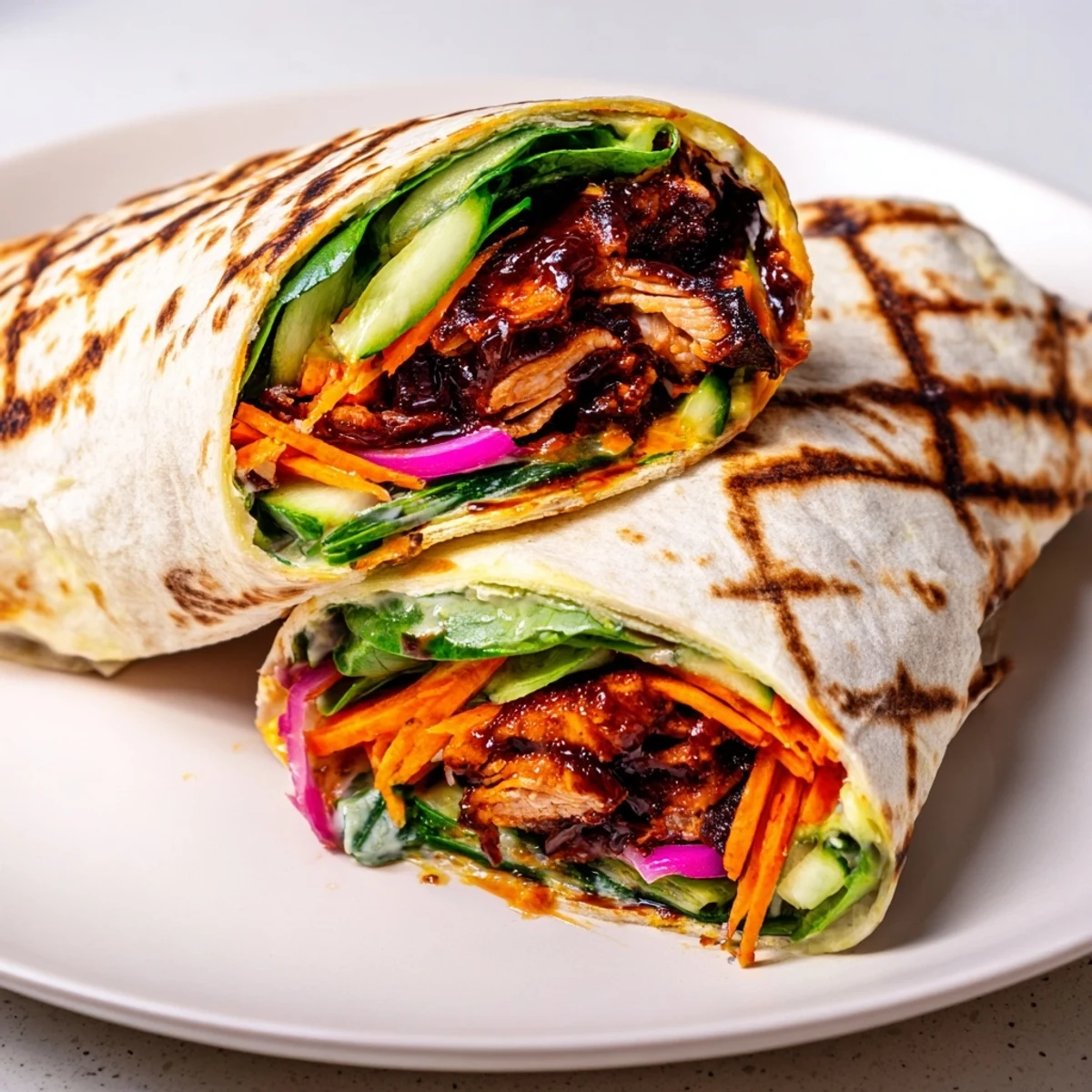 Golden grilled Vegemite charred chicken wrap sliced open showing colorful fresh vegetable filling