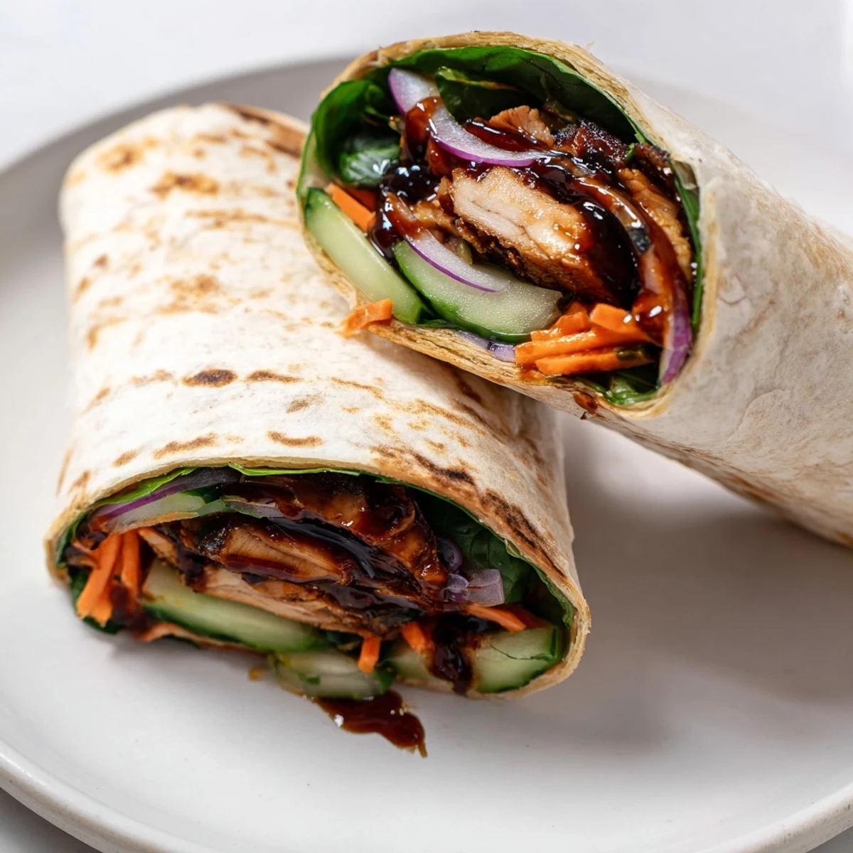 Warm Vegemite charred chicken wrap rolled in a soft flour tortilla with creamy Dijon spread