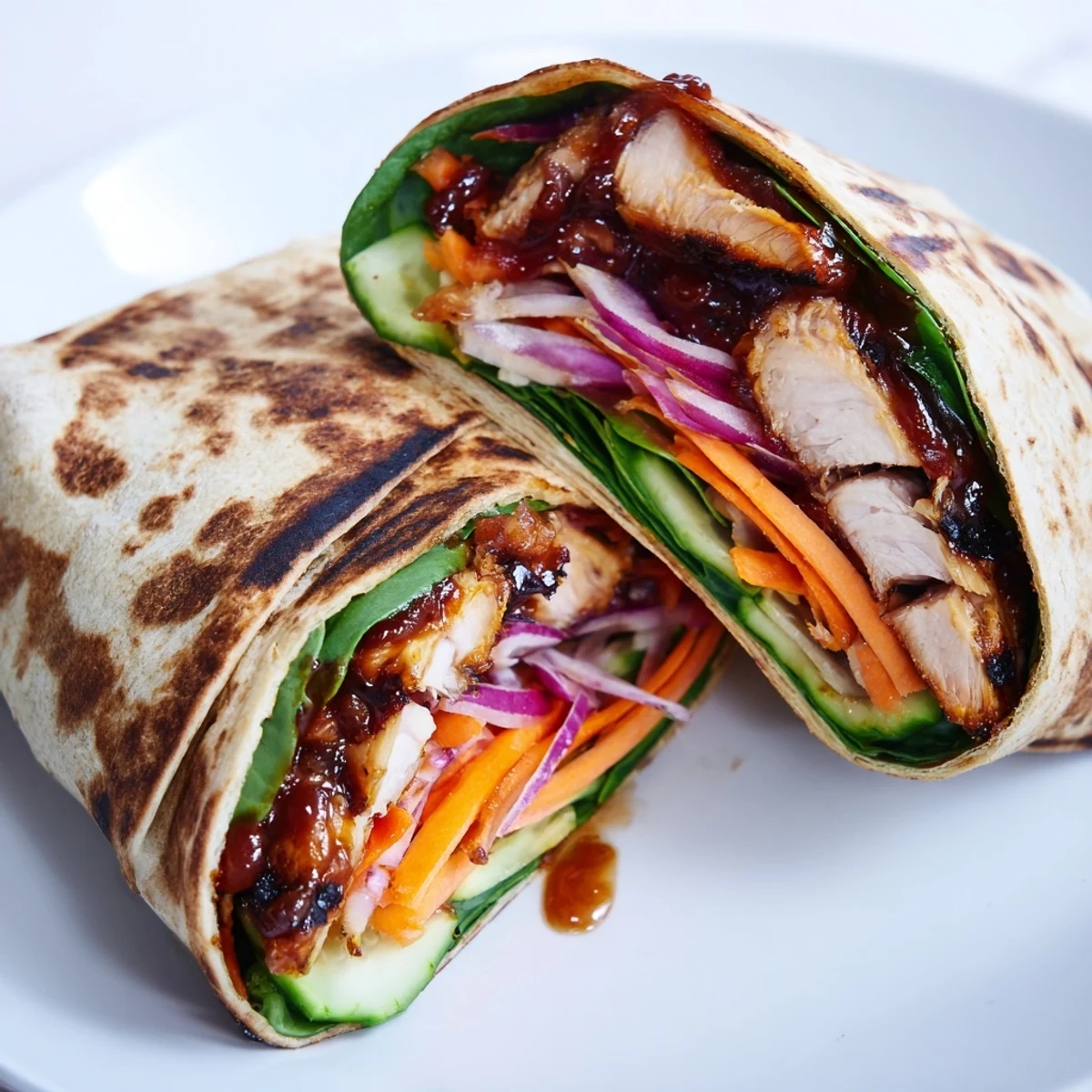 Vegemite charred chicken wrap with crisp veggies and creamy sauce on a rustic plate