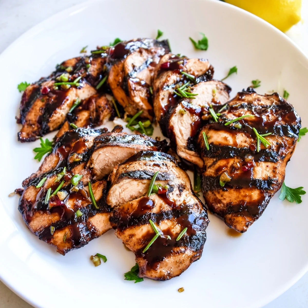 Juicy marinated balsamic chicken grilled golden with fresh rosemary and garlic