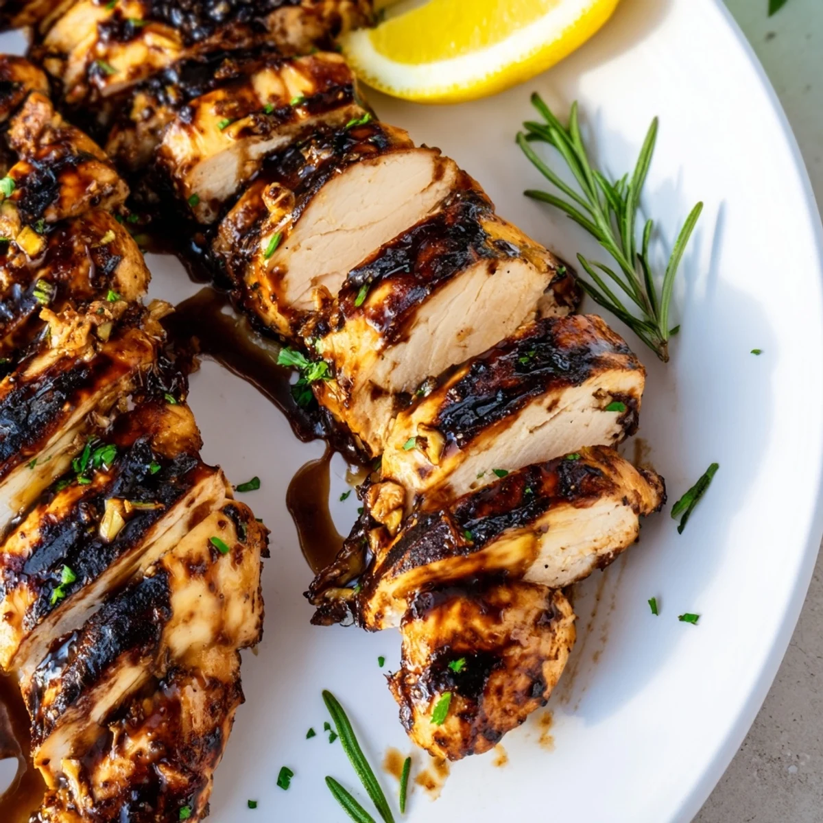 Tender balsamic marinated chicken sliced on a plate with bright lemon wedges