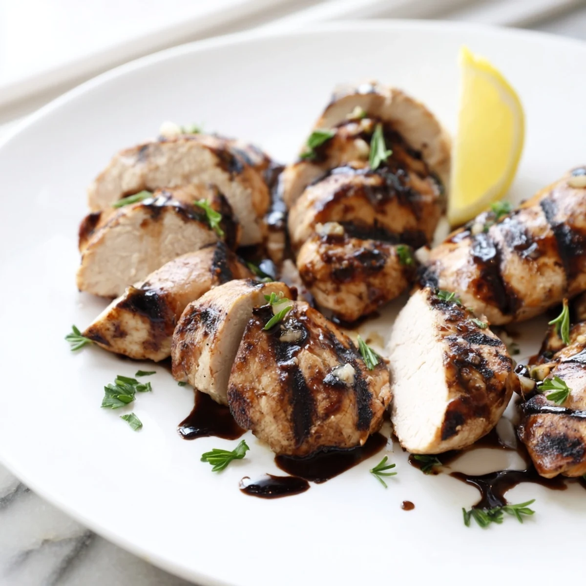 Caramelized marinated balsamic chicken fresh off the grill garnished with chopped parsley