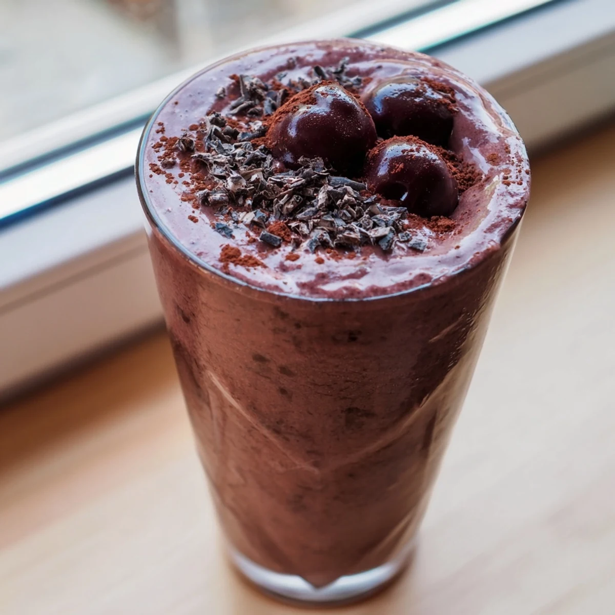 Thick chocolate cherry protein shake in a tall glass topped with fresh cherry halves and cocoa dust