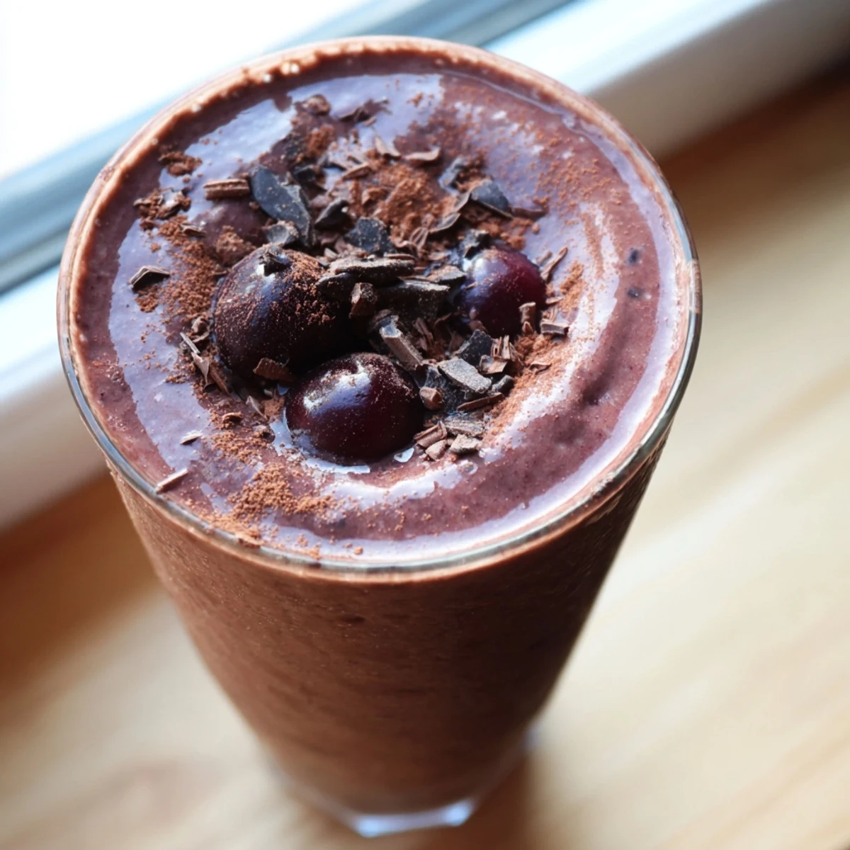 Rich chocolate cherry protein shake garnished with dark chocolate shavings and plump ripe cherries on top