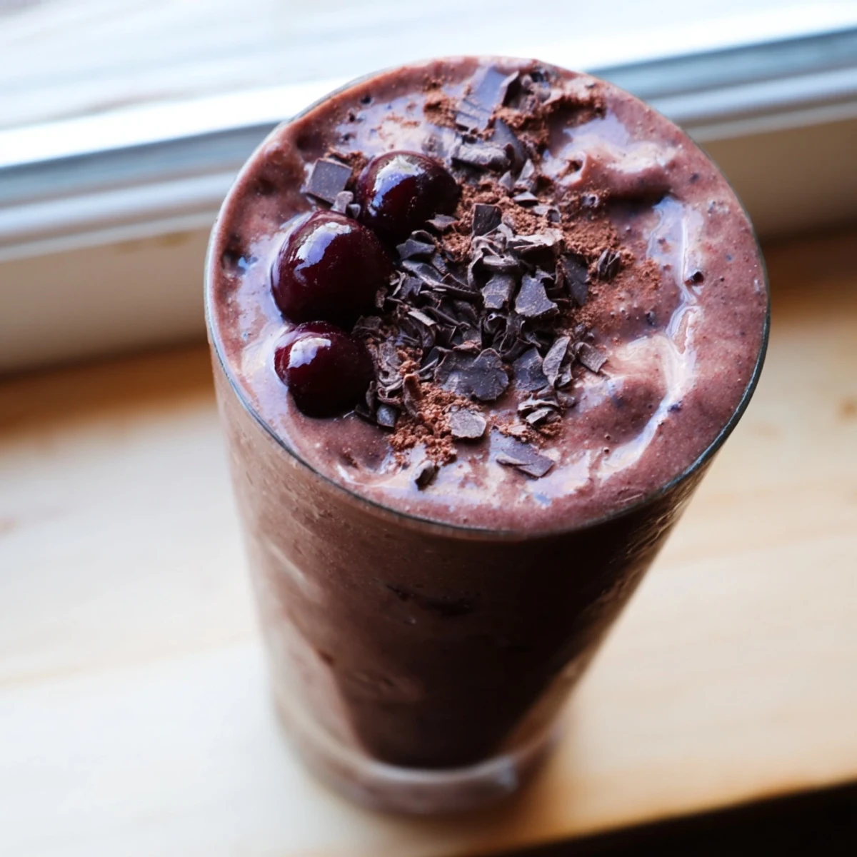 Creamy chocolate cherry protein shake blended smooth and poured into a mason jar with a straw