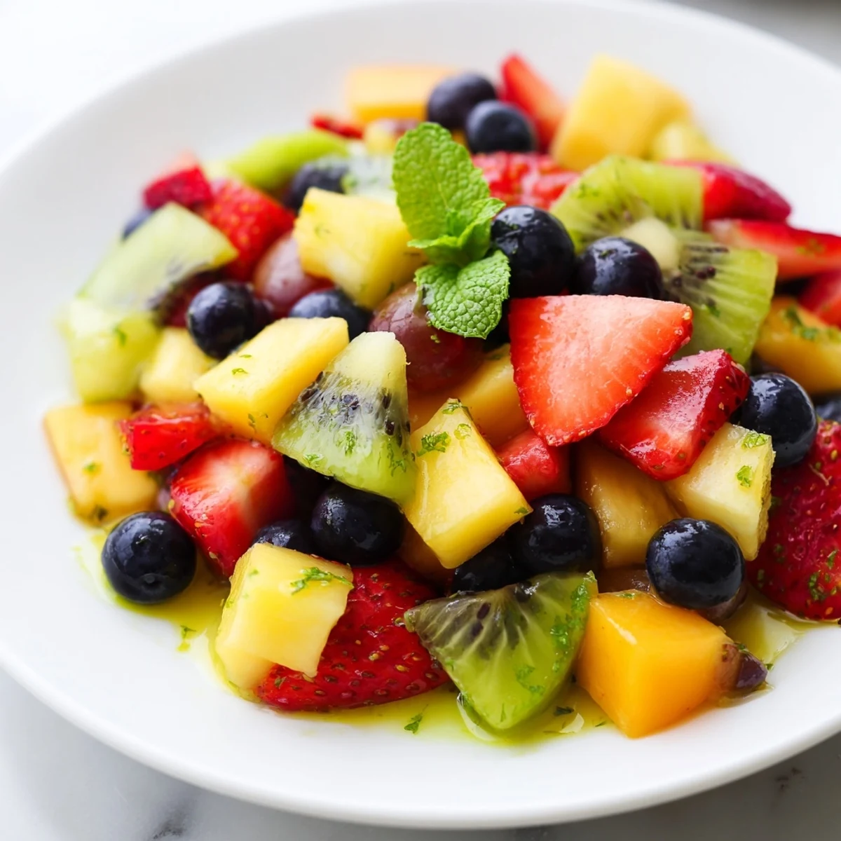 Colorful fruit salad with honey lime dressing glistening on fresh berries and tropical fruit