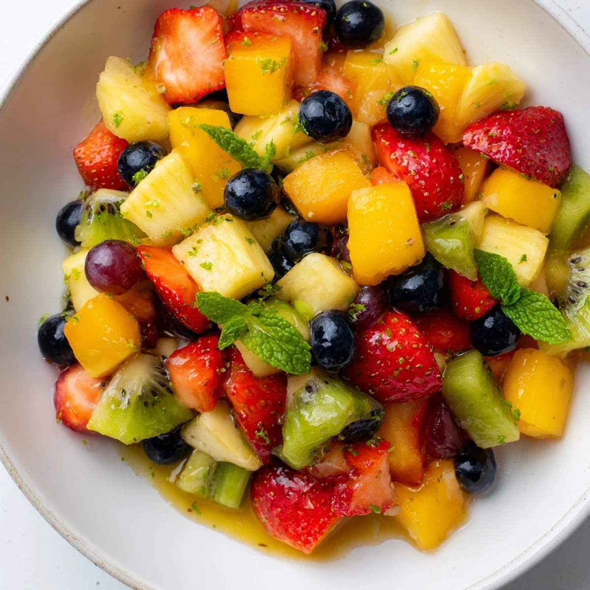 Bowl of vibrant fruit salad honey lime dressing drizzled over strawberries mango and kiwi