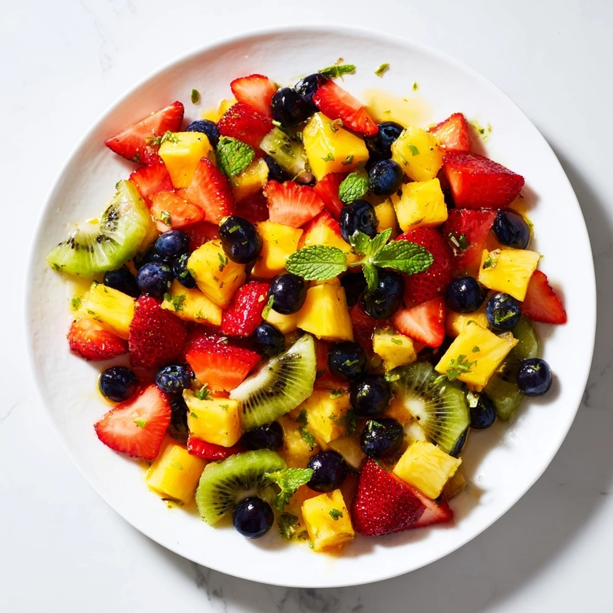 Refreshing fruit salad honey lime dressing coating juicy grapes blueberries and pineapple chunks