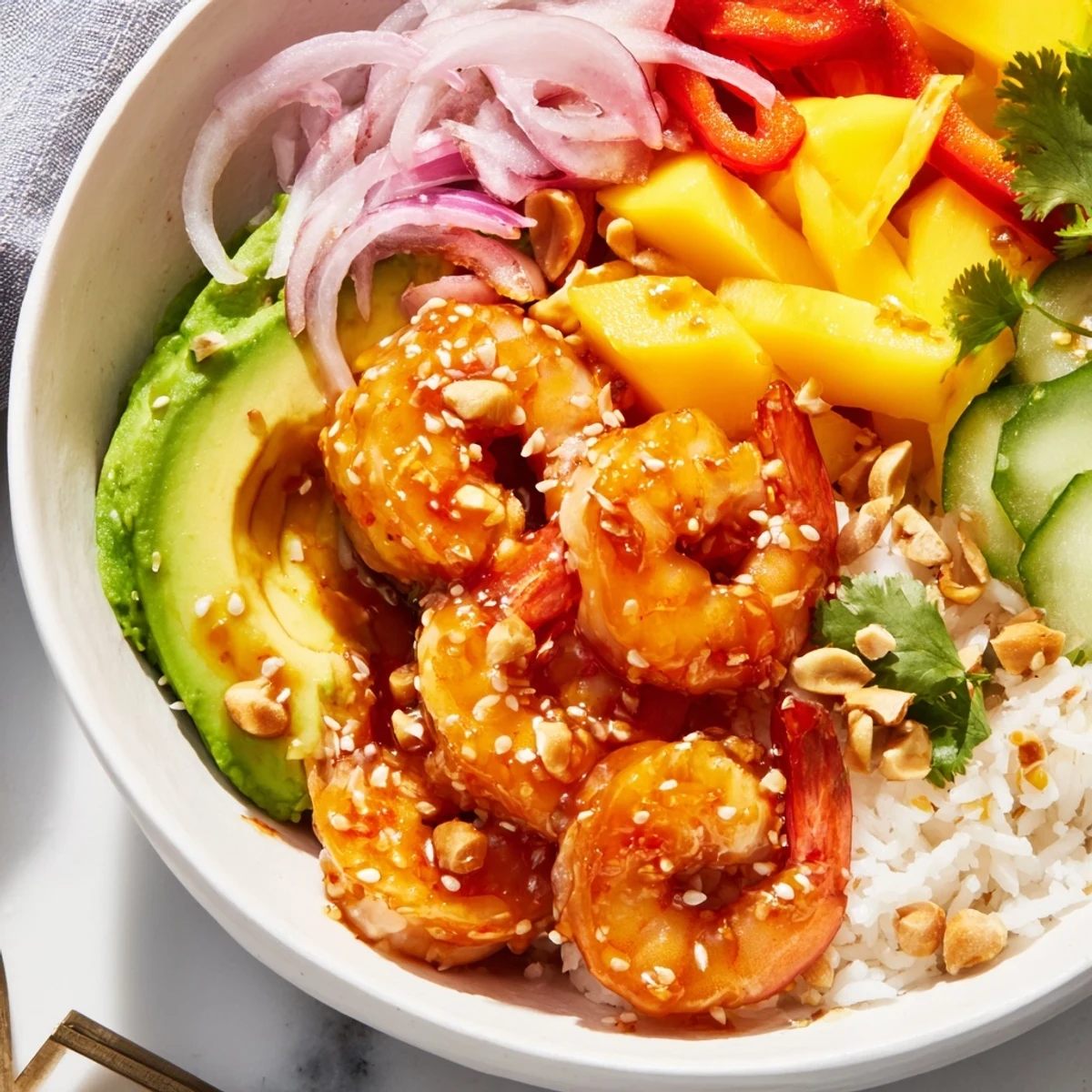 Colorful Sweet Chili Mango Shrimp Bowl served over fluffy jasmine rice with ripe avocado and sesame seeds