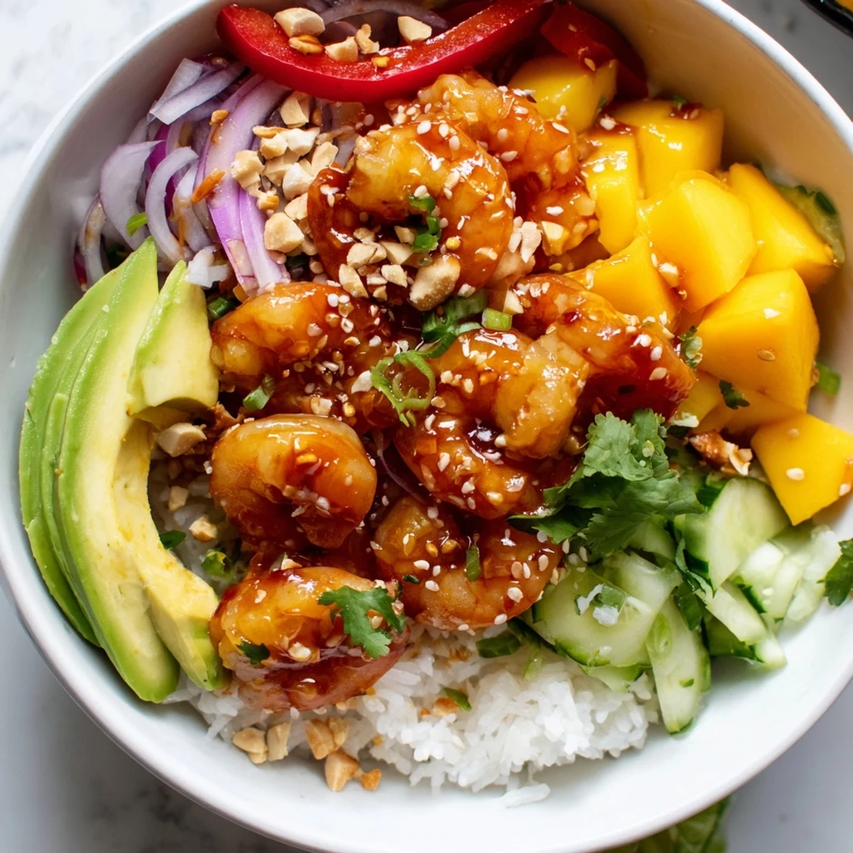 Sweet Chili Mango Shrimp Bowl with glossy sauce drizzled over tender pink shrimp and vibrant tropical veggies