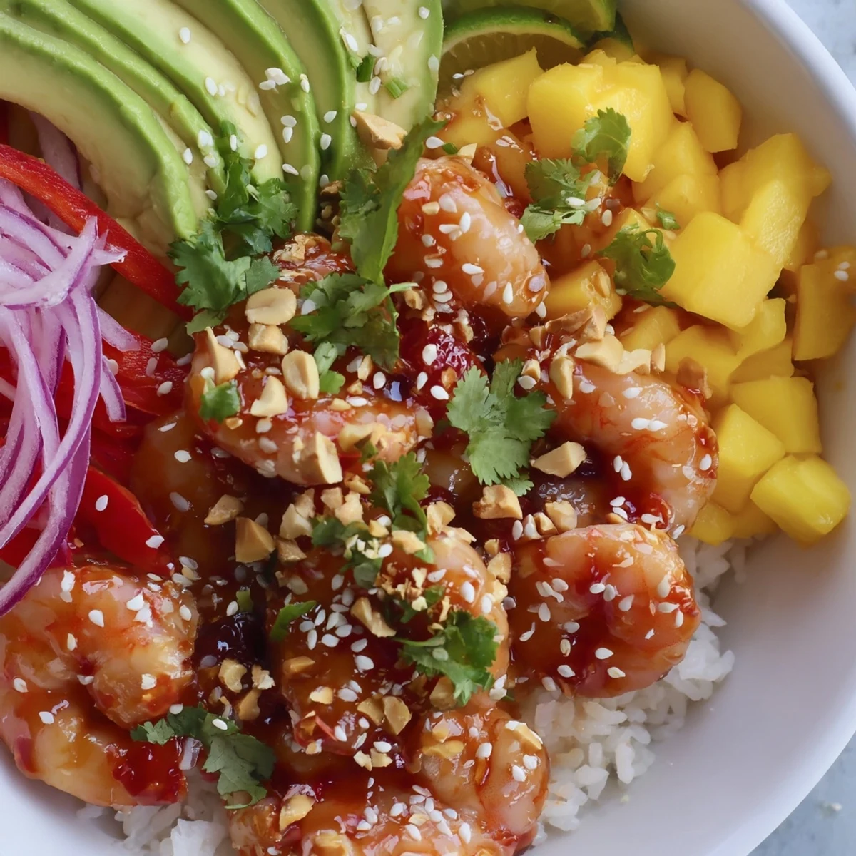 Close-up of Sweet Chili Mango Shrimp Bowl featuring crisp cucumber, fresh mango chunks, and cilantro garnish