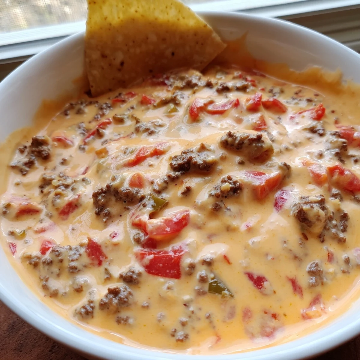 Warm Rotel Dip Recipe with melted cheese and tomatoes served in a bowl