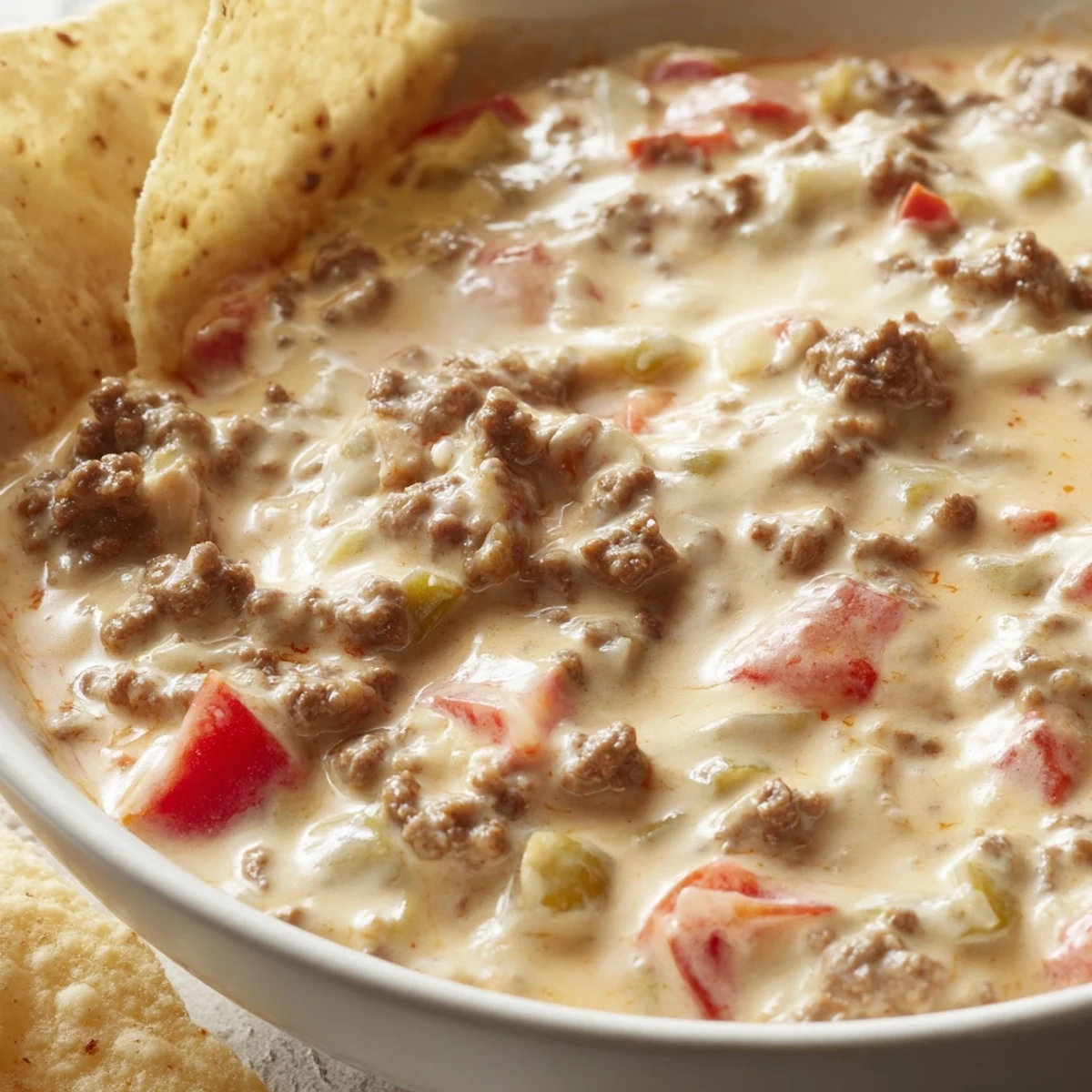 Golden bubbling Rotel Dip Recipe garnished with jalapeños ready for game day