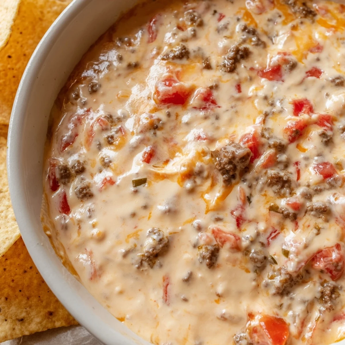 Creamy Rotel Dip Recipe topped with ground beef beside crispy tortilla chips