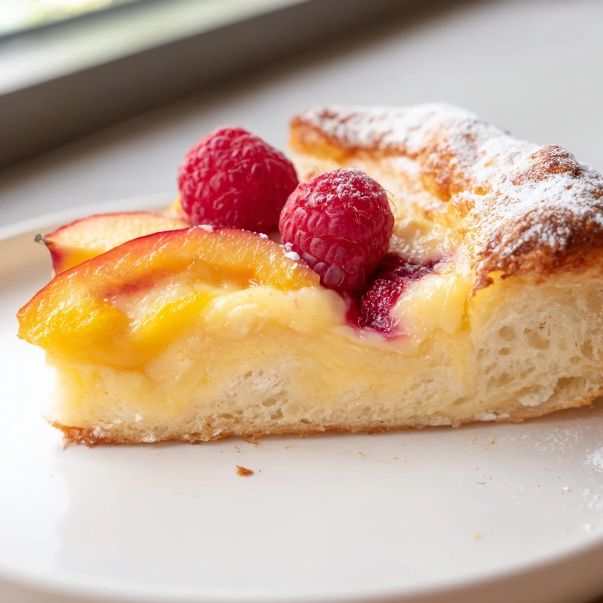 Golden baked custard brioche pizza fresh from the oven with caramelized edges and powdered sugar dusted on top