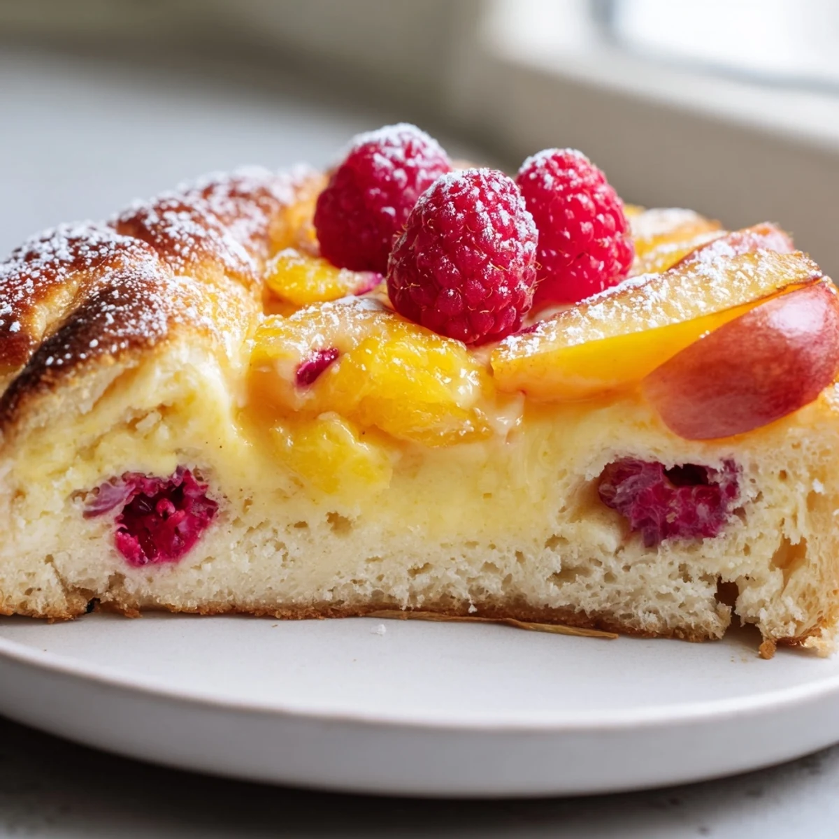 Fresh baked custard brioche pizza topped with vibrant berries and a sweet caramelized sugar crust