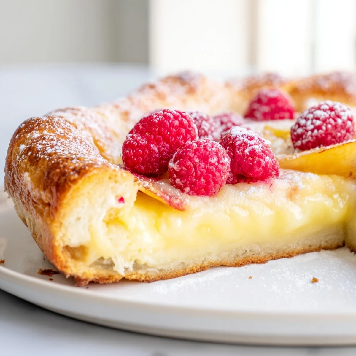 Warm baked custard brioche pizza slice revealing silky vanilla custard on pillowy golden bread